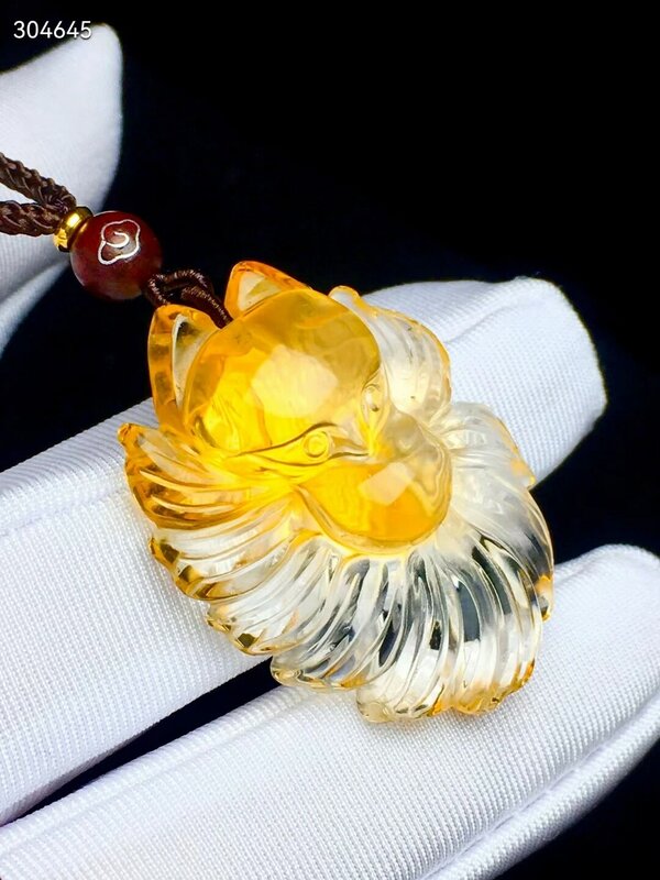 Colgante de cristal de cuarzo citrino amarillo Natural 37.26,12mm gema mujeres hombres forma de zorro collar de cuentas rico AAAAA