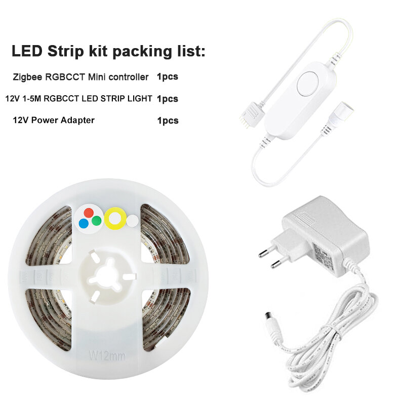 5m dc12v 5050 rgb + cct 90leds/m led luz de tira zigbee rgbcw mini controlador kit de energia para smartthings zigbee 3.0 h * u * e eco mais