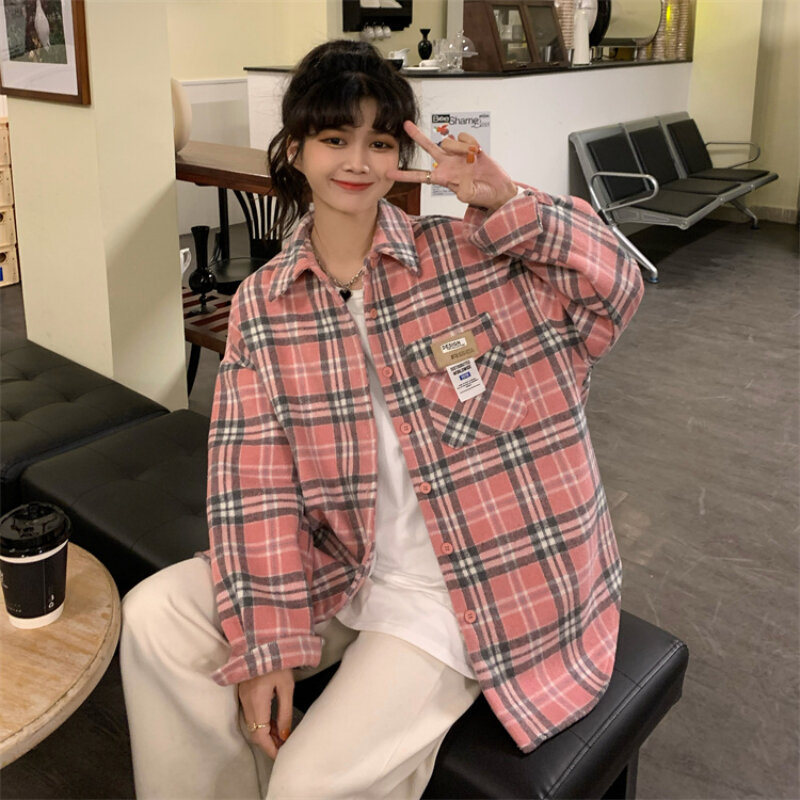 Jmprs contraste cor xadrez mais velo camisa jaqueta outono inverno coreano moda grossa blusa topos mujer y2k xadrez quente blusa