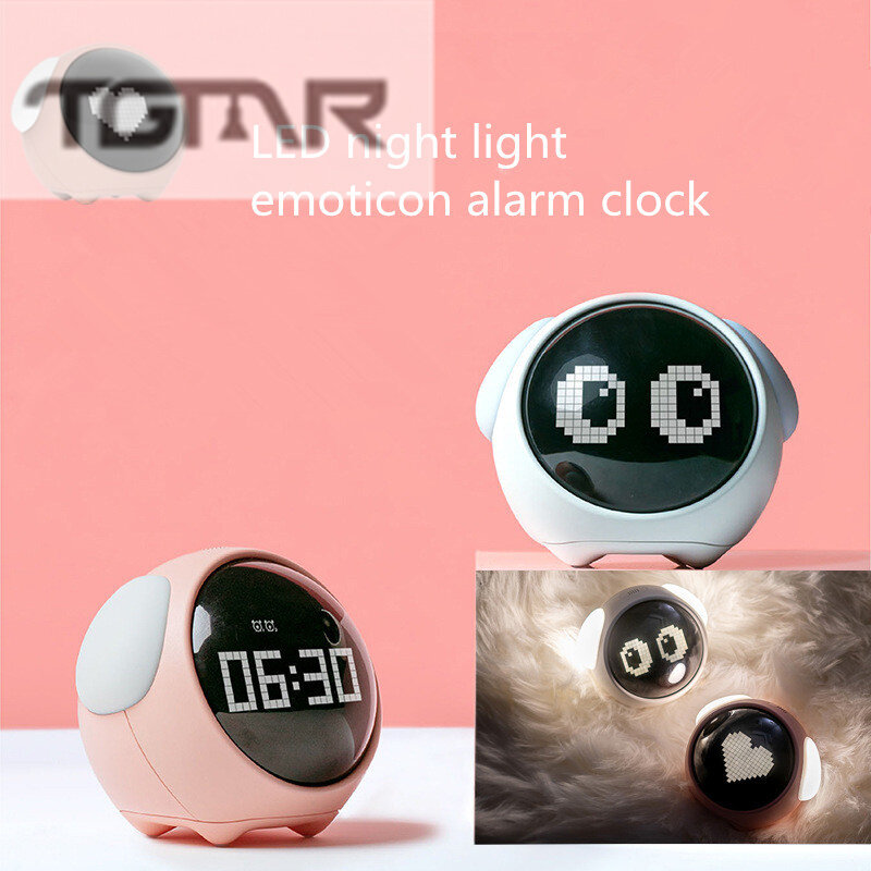 Digital Alarm Clock Cute Expression Clock Children's Clock LED Multi-functional Bedside Voice-activated Night Light Rechargeable