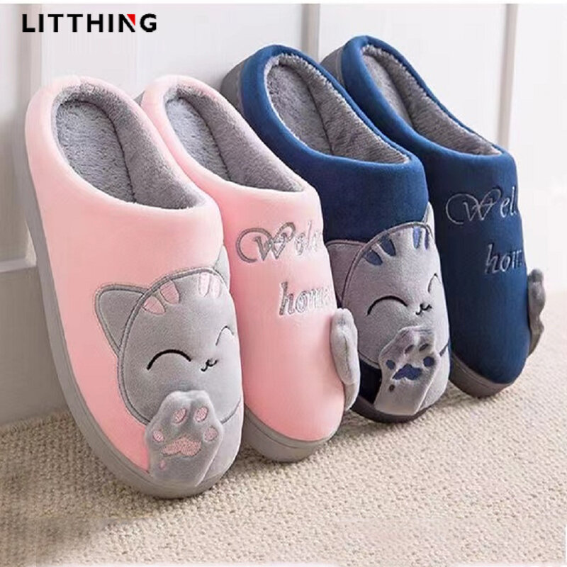 2022 Women Winter Home Slippers Cartoon Cat Slippers Anti Slip Soft Warm Plush Indoor House Slippers Bedroom Couples Floor Shoes
