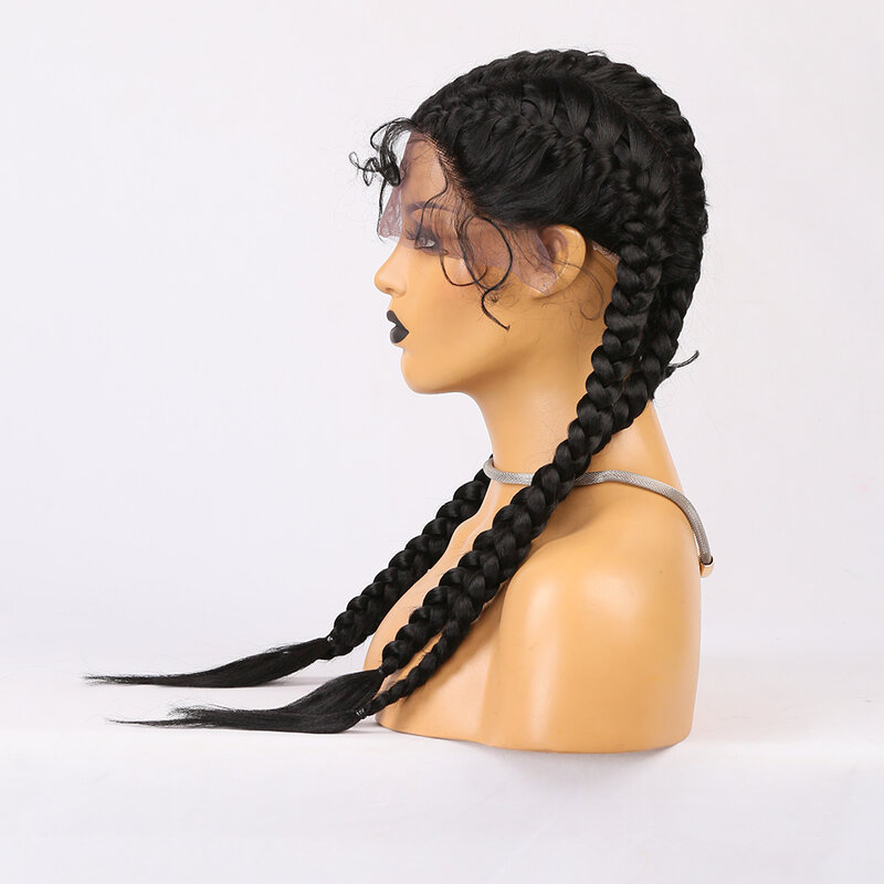 Peluca de cabello sintético con malla frontal para mujer, postizo de encaje completo de 32 pulgadas, con trenzas grandes, corte Jumbo