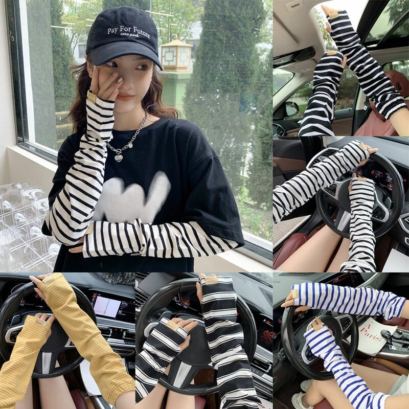 Outdoor Riding Anti-Slip Striped Ice Silk Driving Gloves Arm Sleeves Sunscreen Cuff UV Sun Protect