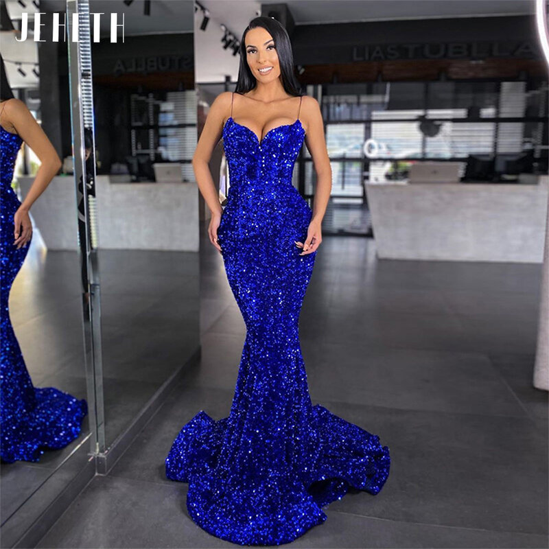 JEHETH Royal Blue Spaghetti Straps Glitter Sequin Velvet Mermaid Evening Gown Long Sweetheart Backless Prom Dress Robe De Soirée