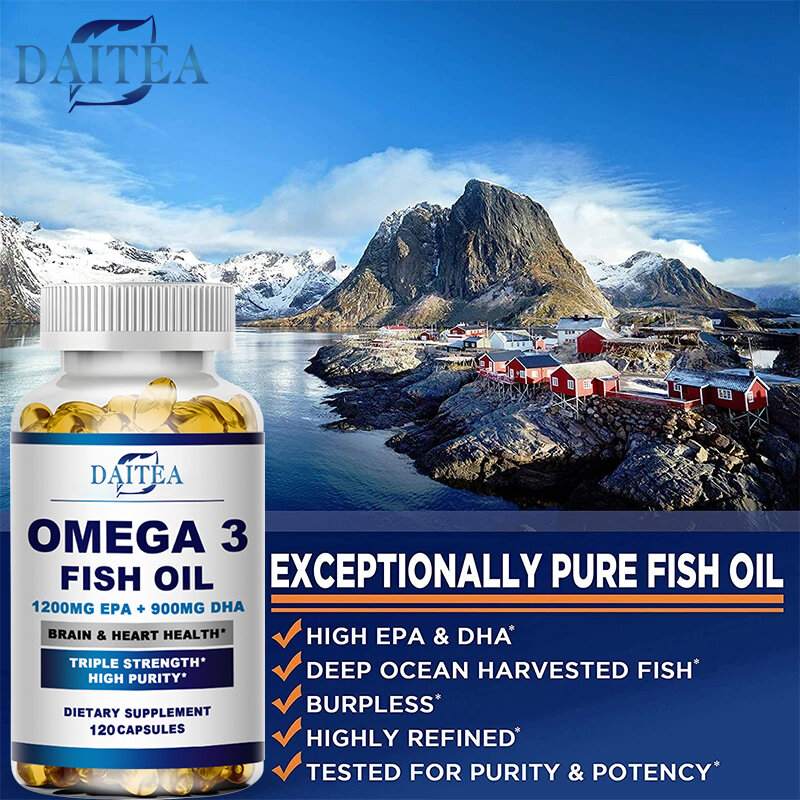 Daitea cápsulas de aceite de pescado Omega 3, suplemento rico en DHA EPA para la piel antienvejecimiento, ojos, corazón, cerebro, salud, soporte del sistema inmunológico