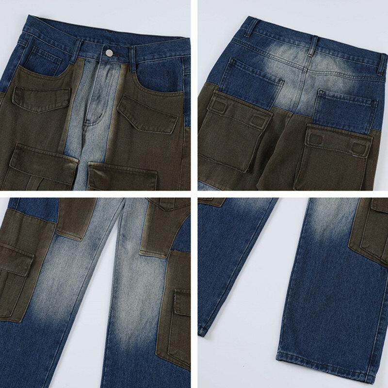 2023 سايبر Y2K موضة متعددة جيوب فضفاض جينز البضائع السراويل الرجال ملابس الشارع الشهير مستقيم الدينيم بنطلون vetings أوم