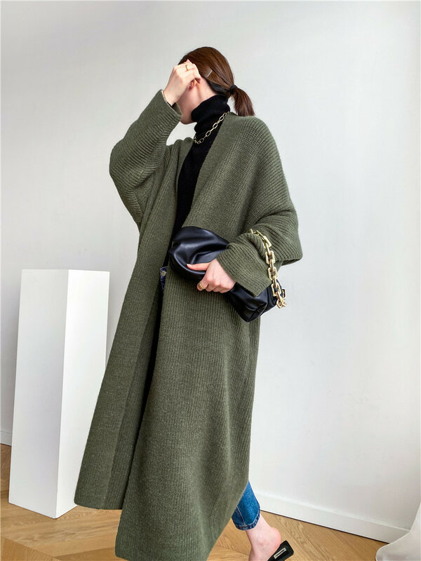 Manteau Cardigan tricoté ample pour femmes, de haute qualité, mode coréenne, pull, veste d'hiver épaissie, pardessus mi-long, nouvelle collection 2022