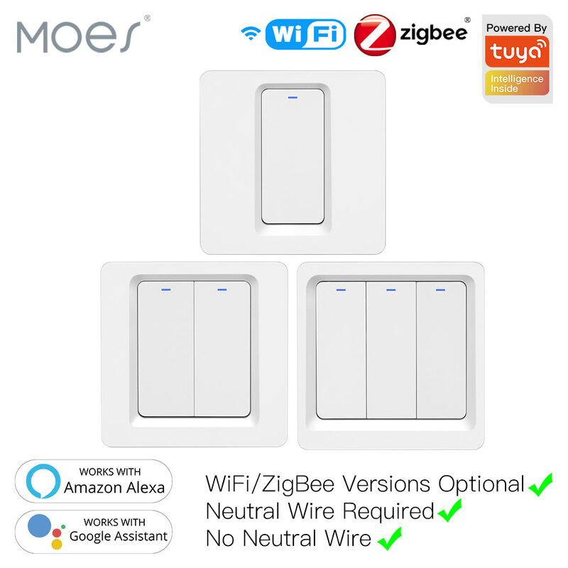 WiFi ZigBee Smart Push Button Switch No Neutral Required Smart Life Tuya APP Alexa Google Home Voice Control 2/3 Way EU UK