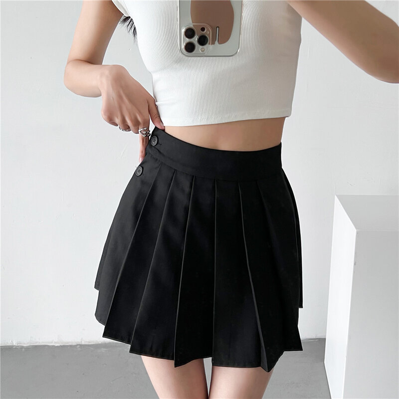 Faldas de cintura alta para mujer, minifaldas plisadas Vintage, coreanas, cortas, blancas y negras, con pantalones cortos