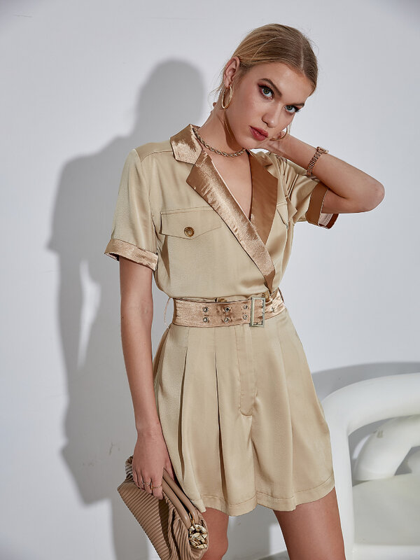Summer 2022 New Retro Fashion Spell Receiving Waist Solid Slim Sexy Short Sleeve Shorts Ladies Office Lady  Women Jumpsuits