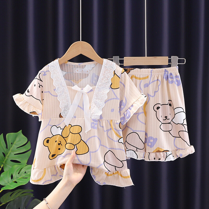 Disney Children's Pajamas Set Summer Short-sleeved Girls Middle-aged Air-conditioning Clothing Thin Cartoon Baby Girls Suit