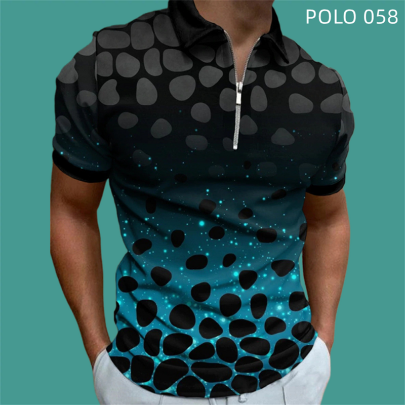 New Men Summer Short Sleeve Fashiono Oversize Polo Shirt , 3D Digital Print Casual Zipper Polo Shirt .