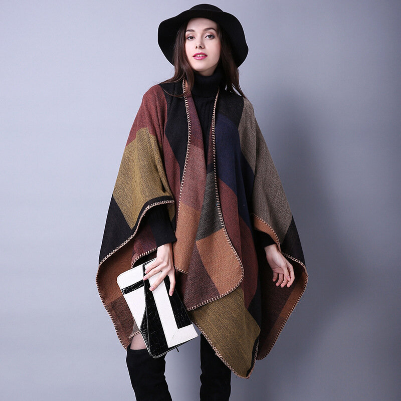 Kobiety W Stylu Vintage Poncho okłady Imitacja wełny bawełny Gruby płaszcz 2022 jesienno-zimowy Nowy Patchworkowy Moda Kobiety okłady