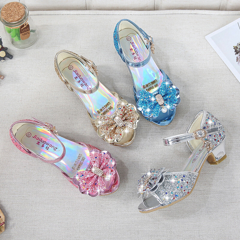Disney anna elsa novo sonho congelado sandálias do bebê crianças botas de salto alto princesa sandálias arco saltos de cristal sapatos menina