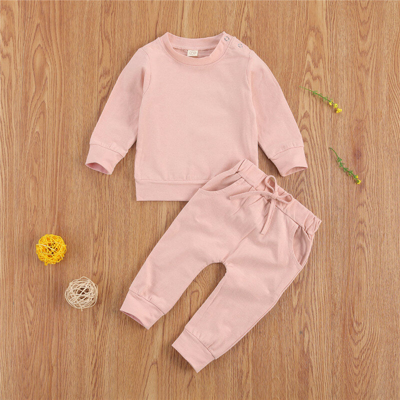 Conjunto de 2 piezas para recién nacidos, ropa de Color sólido, jersey de manga larga con cuello redondo y bolsillos laterales, pantalones con cordón