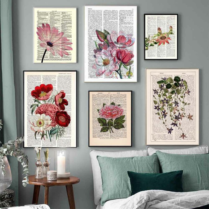 Retro art plant canvas painting flowers on books Wall Art Poster office wall painting living room home decoration mural