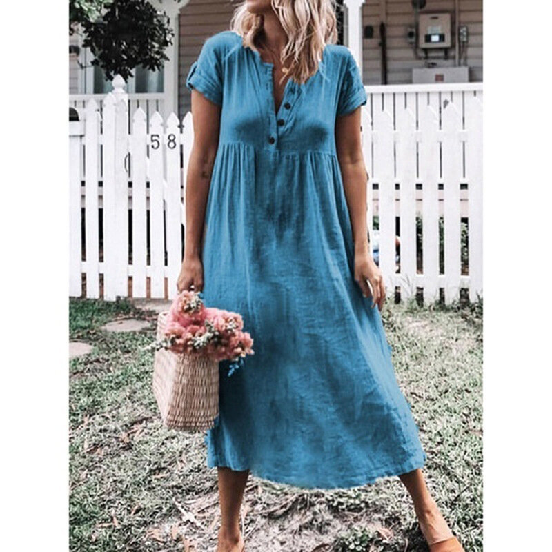 2022 Summer Explosive European And American Women's Irregular Casual Polyester Solid Color Round Neck Short Sleeve Long Dress
