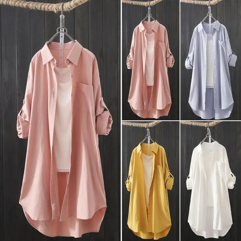 Shirts Women Turn Down Collar Long Sleeve Single-breasted Women Shirt Casual Solid Color Mid-Length Shirt Coat Female Clothing
