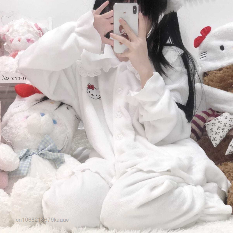 Sanrio Hello Kitty Baju Rumah Mewah Wanita 2 Potong Set Piyama Y2k Kawaii Atasan Kardigan Celana Longgar Setelan Baju Tidur Flanel Lembut