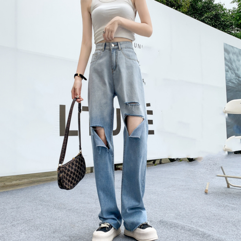 Celana panjang Denim lurus wanita, Jeans Denim lurus mode jalanan kaki lebar longgar pinggang tinggi Y2K ikat gradien Amerika Y2K