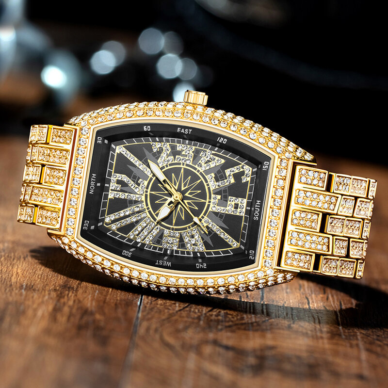 Unique Tonneau Iced Out Watch for Men Fully Bling Diamonds Mens Watches Hip Hop Quartz Wristwatch Man 18k Gold Reloj Hombre Gift