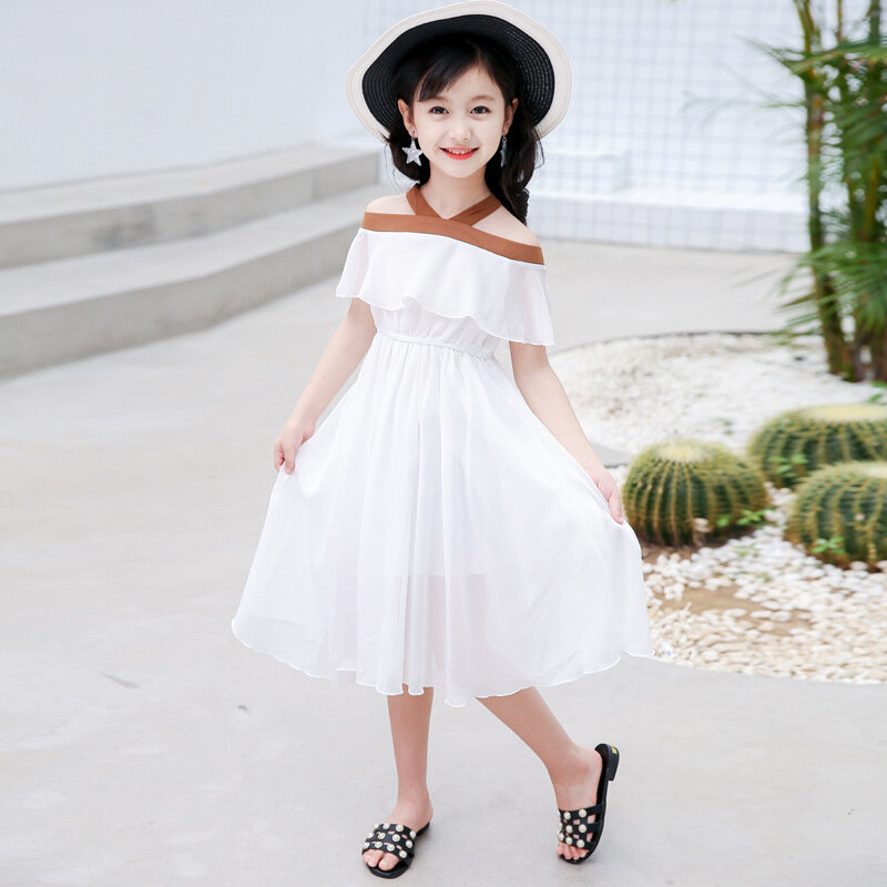 Novo verão na moda queda ombro chiffon meninas verão vestido de princesa 4-14 anos de idade vestido de princesa branca, #2156