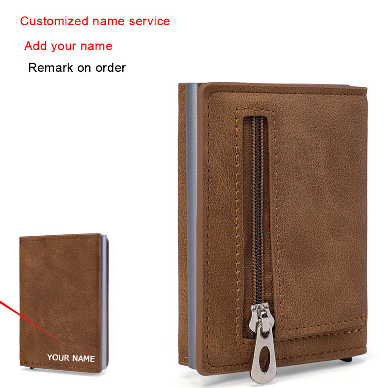 Carteira multifunction do anti-roubo do rfid do suporte de cartão do couro magro da carteira do nome personalizado com compartimento da nota para a bolsa do cartão do homem