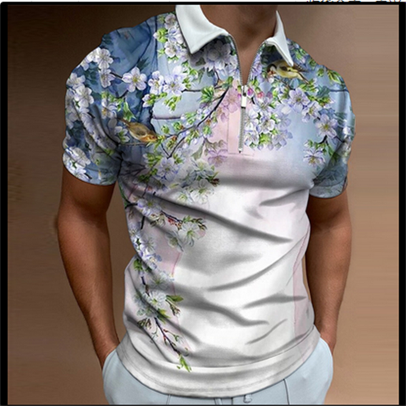 เสื้อโปโลพิมพ์ลายตัวอักษรของผู้ชายใหม่เสื้อโปโลแขนสั้นคอปกเสื้อซิปหน้าสำหรับผู้ชาย busana Casual ฤดูร้อนเสื้อชาย