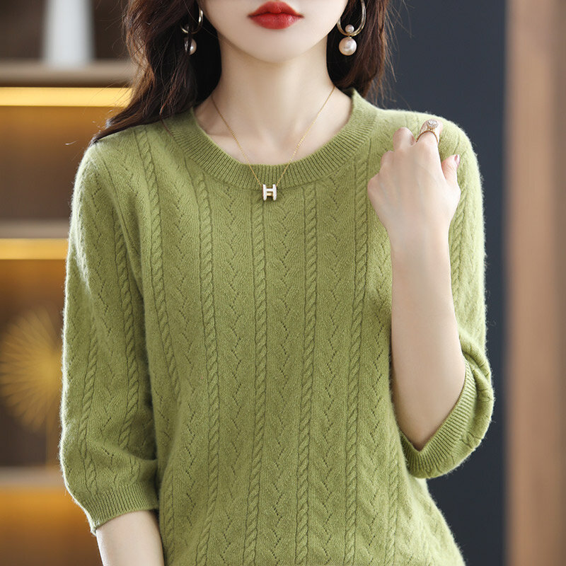 Camiseta feminina de topo 022 primavera outono nova gola redonda camisola de lã pura meia manga pulôver moda oco solto camisola de malha