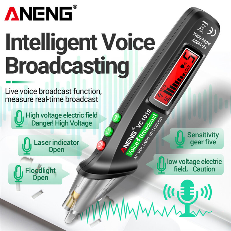 ANENG VC1019 Intelligent Voice Broadcast Tester Pen 12V-1000V Infrared Sensor Positioning Voltage Tester Electric Wire Detector