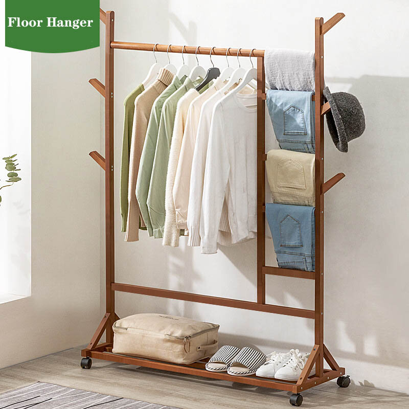 Bamboo Coat Rack Clothes Rack Removable Floor Hanger Storage Cabinet Multifunctional Shelves for Shoes Portable Organizer