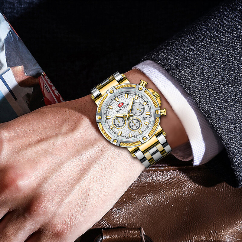 MINI FOCUS Chronograph wielofunkcyjne męskie zegarki kwarcowe luksusowy pasek ze stali biznes męski zegar wodoodporny relogio masculino