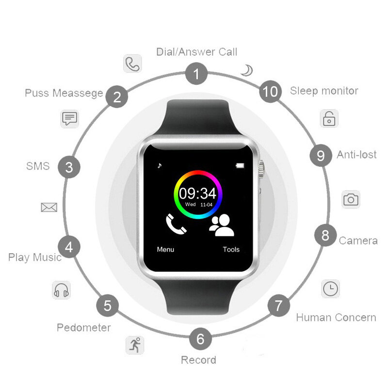 Reloj inteligente A1 con Bluetooth, pulsera deportiva con podómetro, tarjeta SIM, pasómetro, cámara, para Android