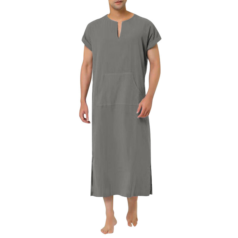 Mens Muslim Arabia Casual Short Sleeve Pocket Loose Robe Shirt Muslim Robe Solid 90s Button up Dress Shirts Men