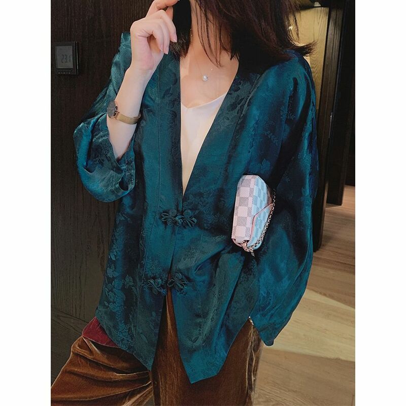 New Chinese Style Elegant V Neck Traditional Tang Suits Blouse Women Vintage Floral Lady Jacquard Hanfu Blouse Top
