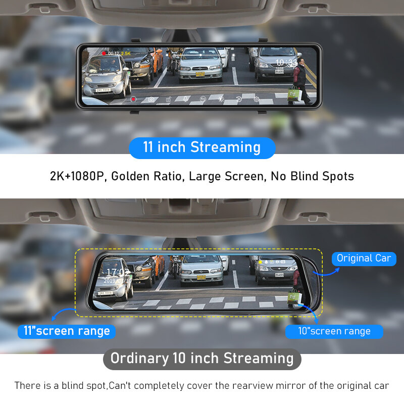 Jansite 11 zoll 2K Auto DVR Touchscreen Stream Media Dual Objektiv Video Recorder rückspiegel Dash cam Vorne und Hinten kamera