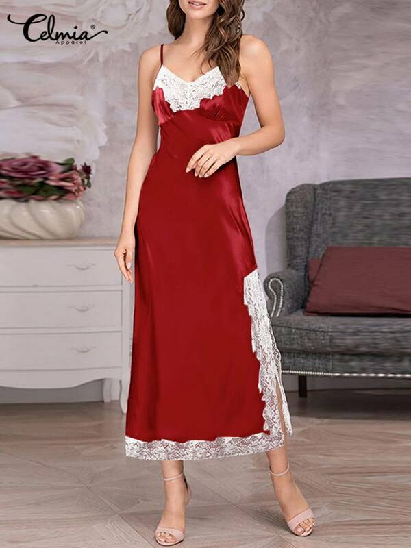 Celmia-Vestido largo de satén con tirantes finos para mujer, ropa de dormir Sexy sin mangas, suave, con costuras de encaje, 2022