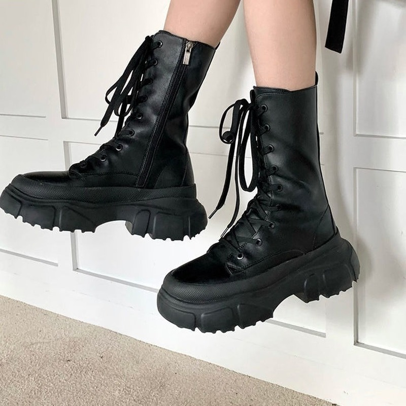 QWEEK-Botas de medio tubo para mujer, botines con cordones de goma y plataforma, color negro, estilo británico, moda coreana, otoño 2021