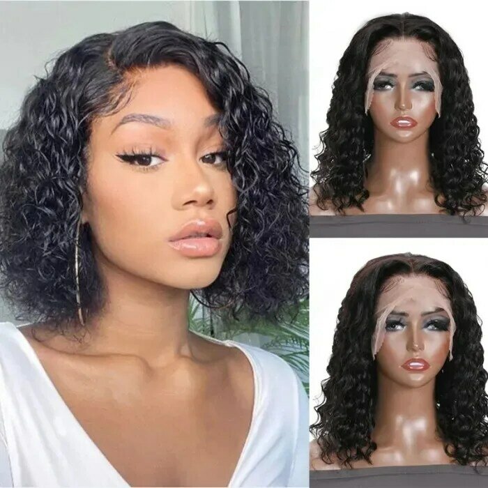 13x1 Lace Front Bob Wigs Pre Plucked Baby Hair Deep Wave Pre Plucked Water Wave Short Black Bob Human Hair T Part Lace Wig