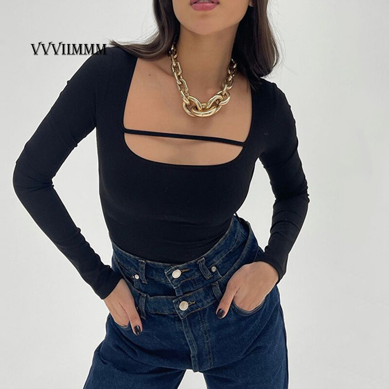 Solid color versatile long sleeve square neck Jumpsuit 2022 spring and summer new women's sexy top harajuku T-shirt  y2k clothes