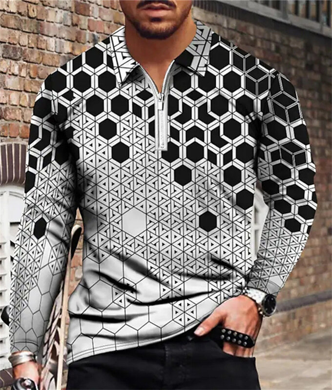 Мужская повседневная Осенняя рубашка-поло с длинным рукавом, Мужская футболка на молнии, мужские топы, уличная одежда для гольфа, мужская одежда с геометрическим принтом 2022