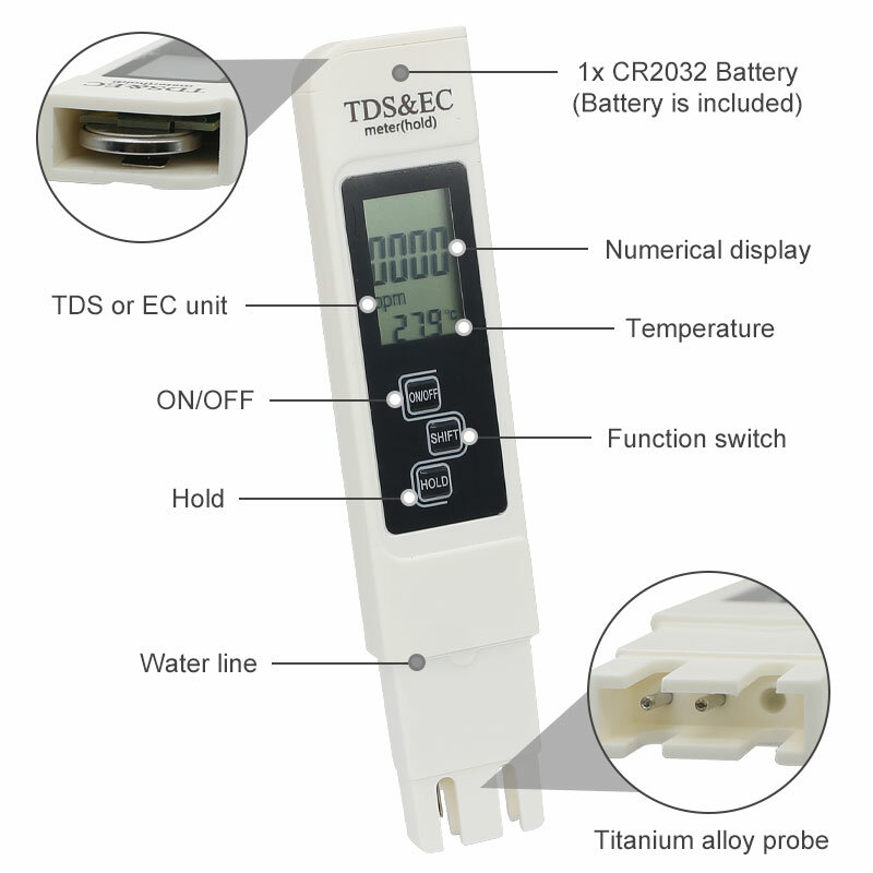 Pluma de prueba de TDS de agua, Monitor portátil de calidad del agua, probador de conductividad EC opcional, medidor de concentración de fertilizante