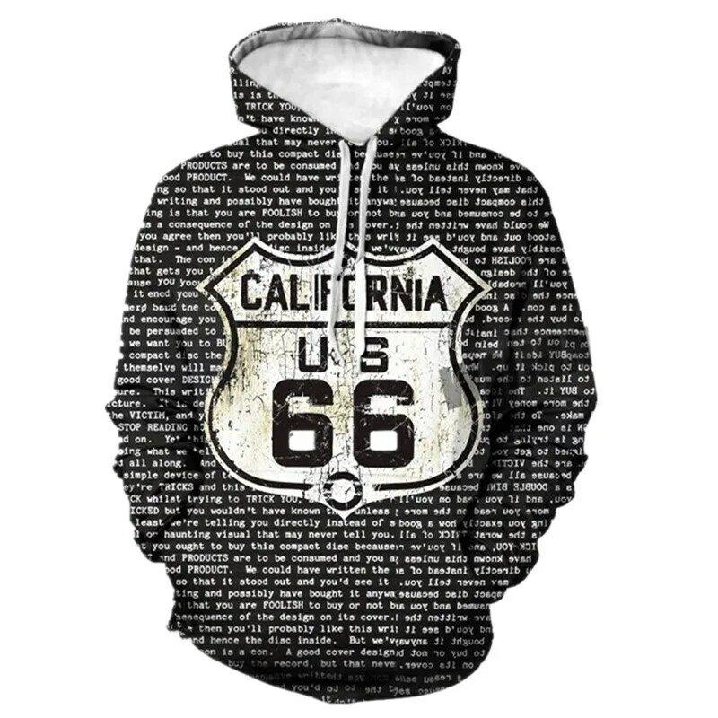 루트 66 고속도로 3D 인쇄 까마귀 후드 남성 스웨터 패션 미국 66 편지 후드 스트리트 남성 의류 XXS-6XL