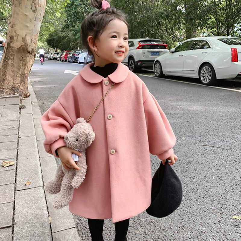 Abrigo rosa para niñas pequeñas, chaqueta cálida para otoño e invierno, mezcla de lana de Color sólido, prendas de vestir superiores