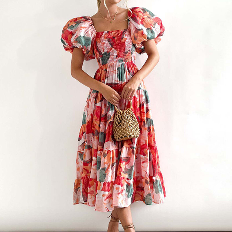 Seksowna damska z odkrytymi ramionami z rozciągliwą talią plisowane sukienki 2023 letnia sukienka elegancka bufiasty krótki rękaw sukienka imprezowa z kwiatowym nadrukiem
