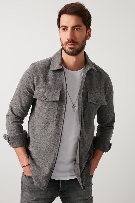 Cinza preto cáqui bolso duplo com zíper magro ajuste camisa de inverno moda venda quente ao ar livre