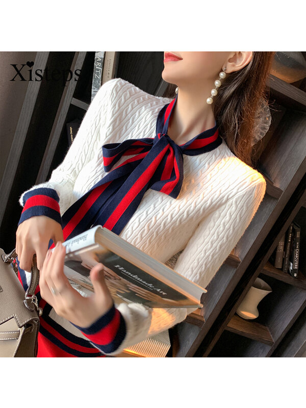 Xisteps Women Thick Knitted Cardigan Sweater Elegant Bow Tie Pearl Button O neck female Autumn Winter Coat Ladies Stripe Jacket