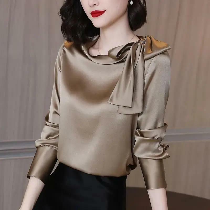 Spring Autumn Fashion Satin Elegant Chic Bow Lace Up Design Office Lady Shirt Solid Loose Long Sleeve Blouse Top Women Blusas