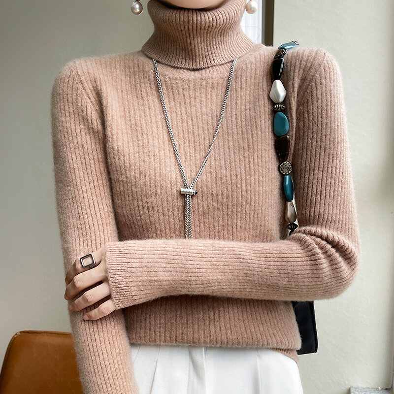 Cuello de lana de punto camisa de fondo para mujer, Jersey delgado de lana pura para otoño e invierno, nuevo acolchado en el interior