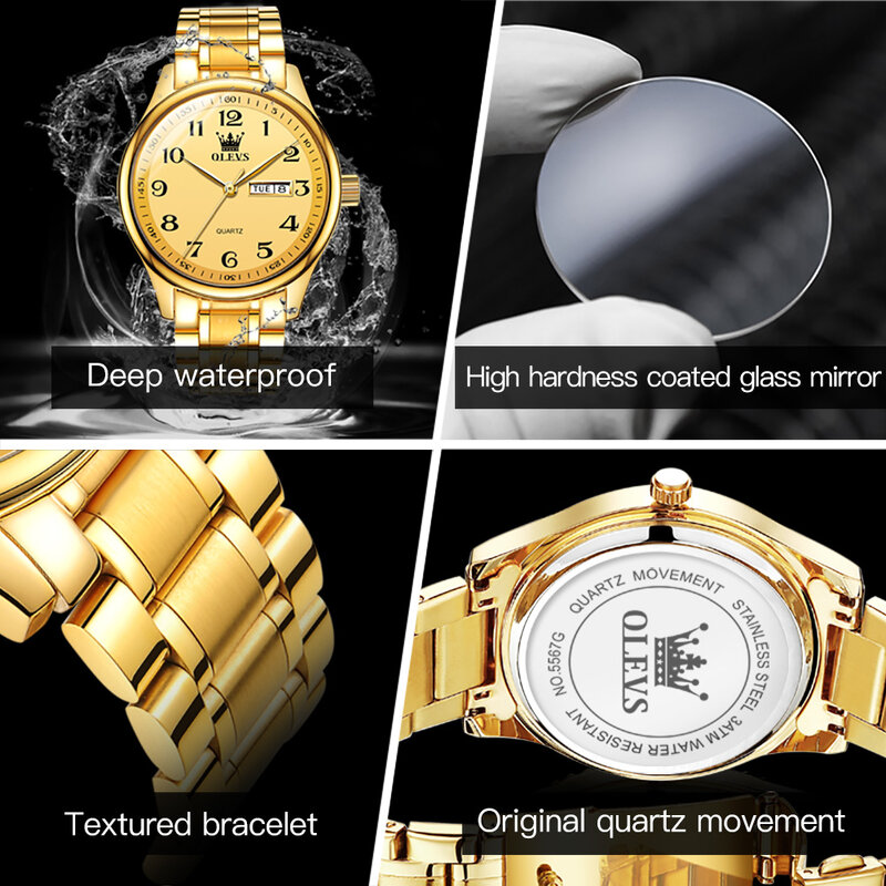 OLEVS-reloj analógico de acero inoxidable para hombre, accesorio de pulsera de cuarzo resistente al agua con calendario, complemento masculino de marca de lujo con diseño moderno y estilo informal
